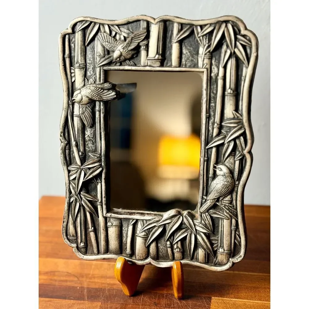 Vintage Chinoiserie Bamboo Bird Mirror | Silver Tone Hollywood Regency